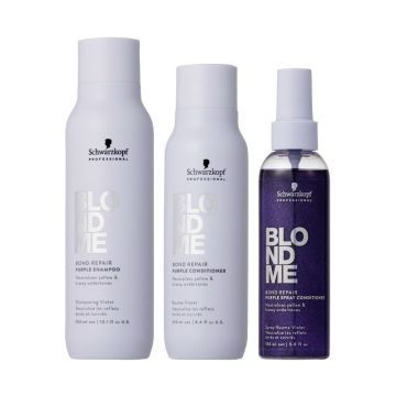 Schwarzkopf BlondMe Bond Repair Purple Shampoo 300ml + Conditioner 250ml + Spray Conditioner 150ml